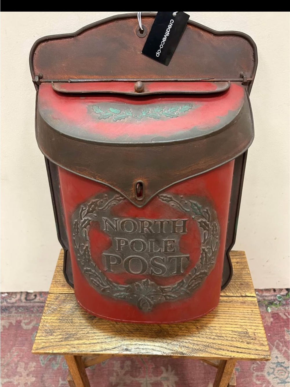Red Distressed Vintage Style North Pole Post Decorative Mailbox